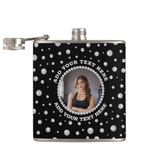 Personalised Photo with Pearls Circle on Black Hip Flask
