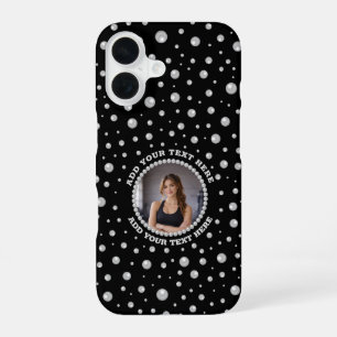 Personalised Photo with Pearls Circle on Black iPhone 16 Case