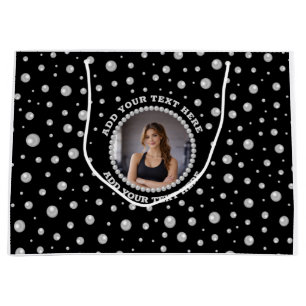 Personalised Photo with Pearls Circle on Black Large Gift Bag