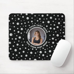 Personalised Photo with Pearls Circle on Black Mouse Pad
