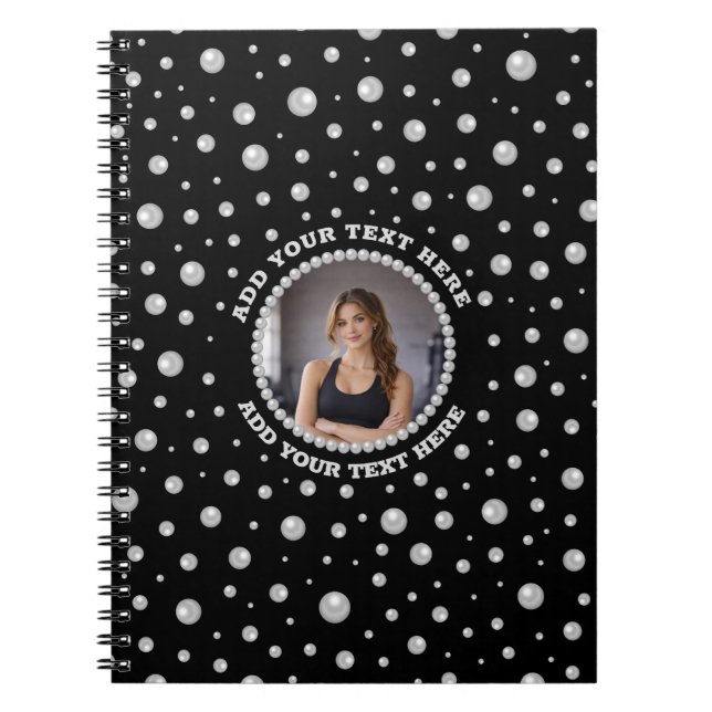 Personalised Photo with Pearls Circle on Black Notebook (Front)