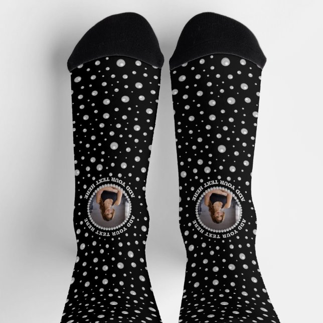 Personalised Photo with Pearls Circle on Black Socks (Top)