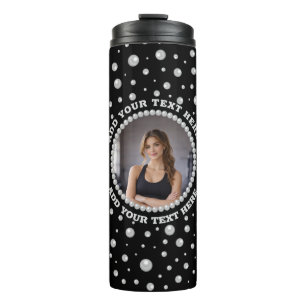 Personalised Photo with Pearls Circle on Black Thermal Tumbler