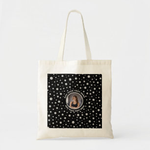 Personalised Photo with Pearls Circle on Black Tote Bag