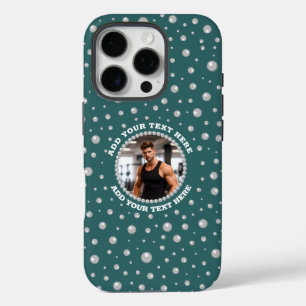 Personalised Photo with Pearls Circle on Teal iPhone 16 Pro Case