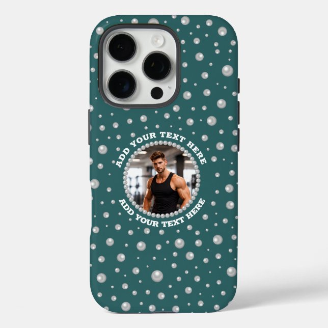 Personalised Photo with Pearls Circle on Teal Case-Mate iPhone Case (Back)