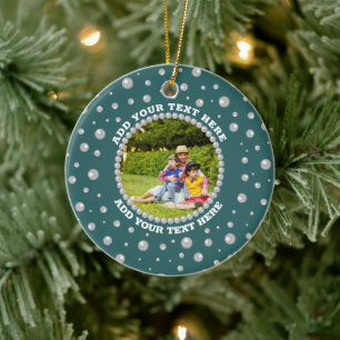 Personalised Photo with Pearls Circle on Teal Ceramic Tree Decoration