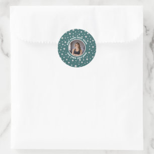 Personalised Photo with Pearls Circle on Teal Classic Round Sticker