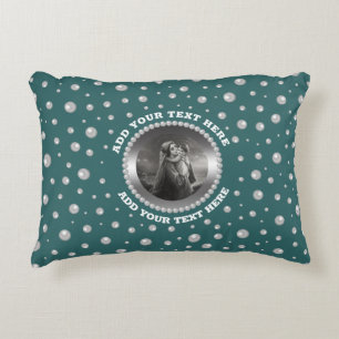 Personalised Photo with Pearls Circle on Teal Decorative Cushion