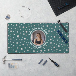 Personalised Photo with Pearls Circle on Teal Desk Mat