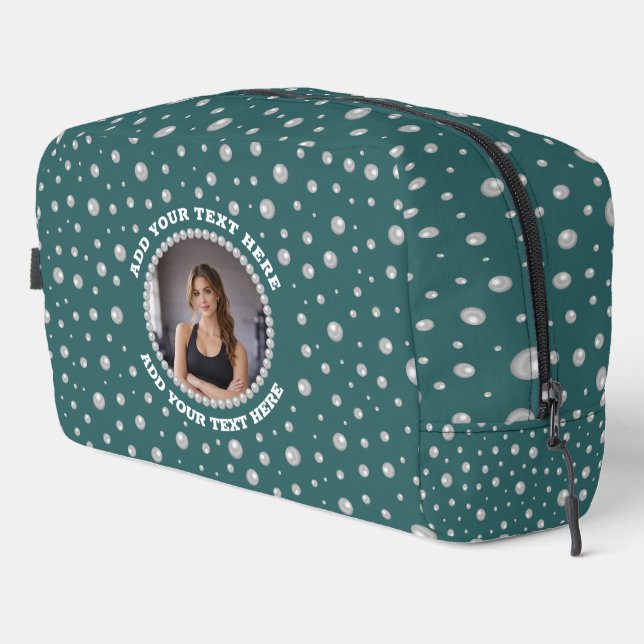 Personalised Photo with Pearls Circle on Teal Dopp Kit (Right Corner)