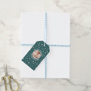 Personalised Photo with Pearls Circle on Teal Gift Tags