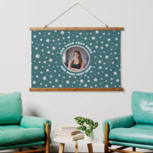 Personalised Photo with Pearls Circle on Teal Hanging Tapestry