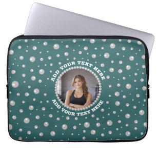 Personalised Photo with Pearls Circle on Teal Laptop Sleeve