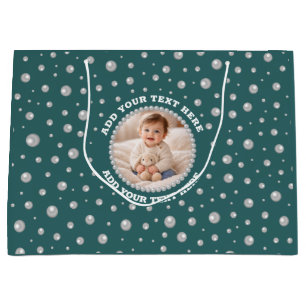 Personalised Photo with Pearls Circle on Teal Large Gift Bag