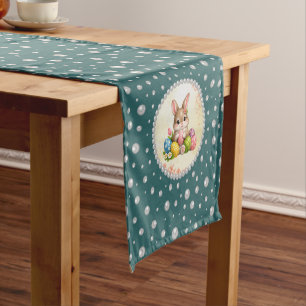 Personalised Photo with Pearls Circle on Teal Short Table Runner