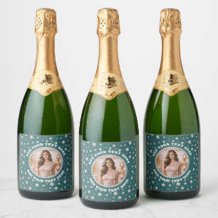 Personalised Photo with Pearls Circle on Teal Sparkling Wine Label