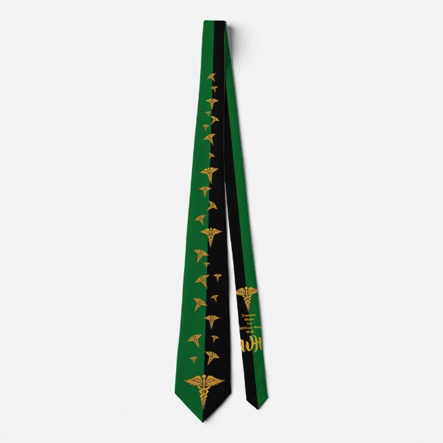 Personalised Physician's Caduceus Green and Black Tie (Front)