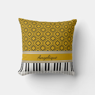 Personalised Piano Keys Black Quatrefoil on Gold Cushion
