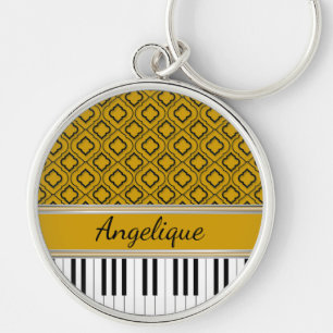 Personalised Piano Keys Black Quatrefoil on Gold Key Ring
