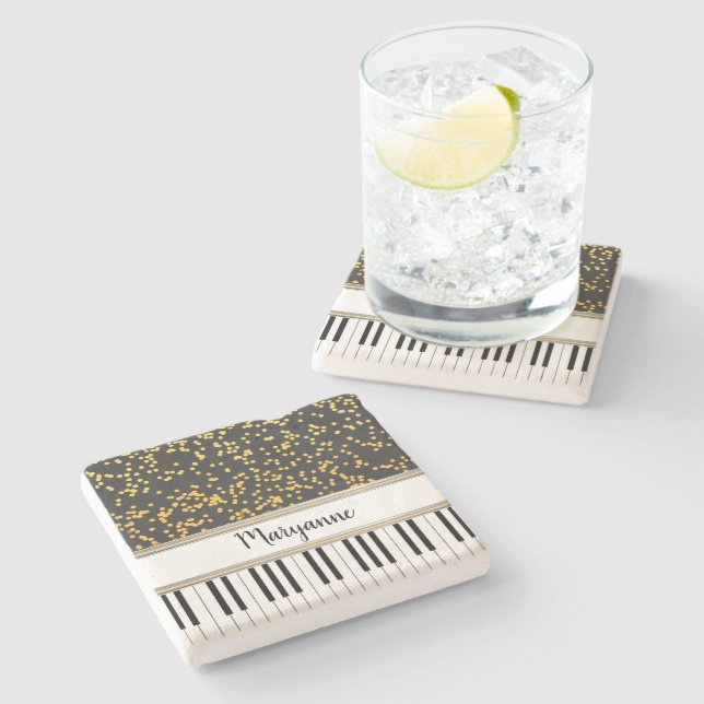 Personalised Piano Keys Gold Polka Dots Pattern Stone Coaster (Side)