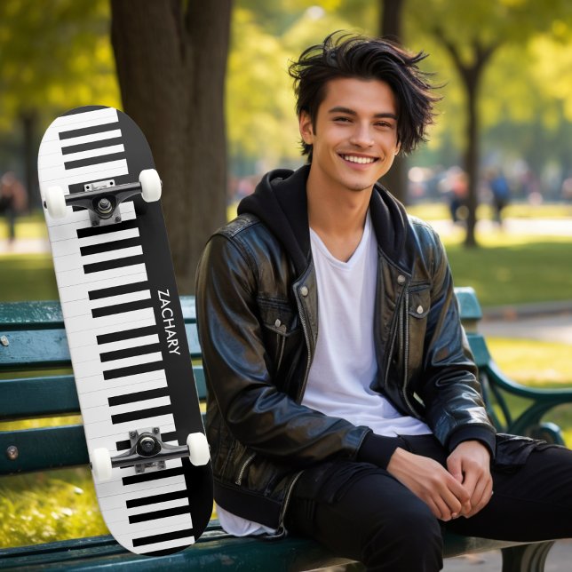 Personalised Piano Keys Music Musical Instrument Skateboard (A personalized skateboard with black and white piano keys design)