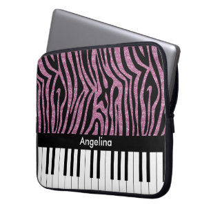 Personalised Piano Keys Pink Glitter Zebra Print Laptop Sleeve