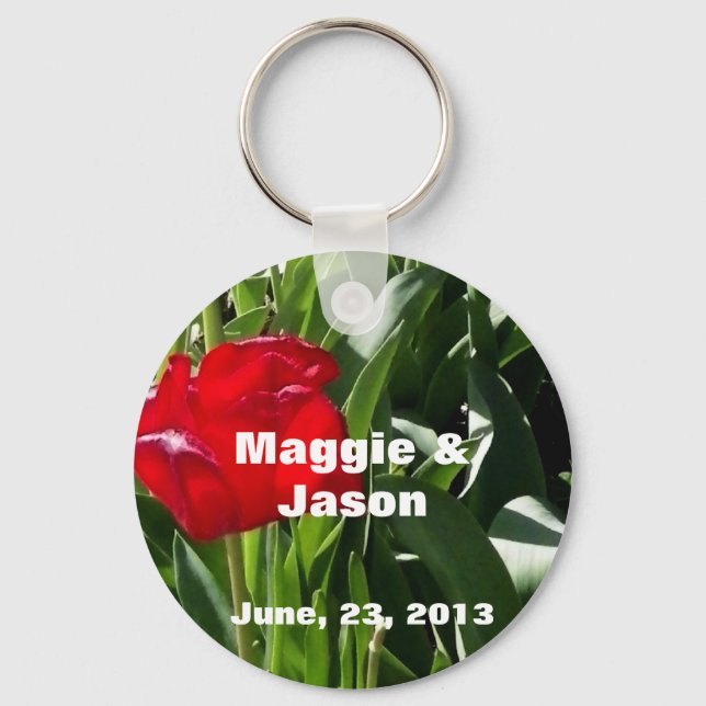 Personalised Picture of red Tulips Save the Date Key Ring (Front)