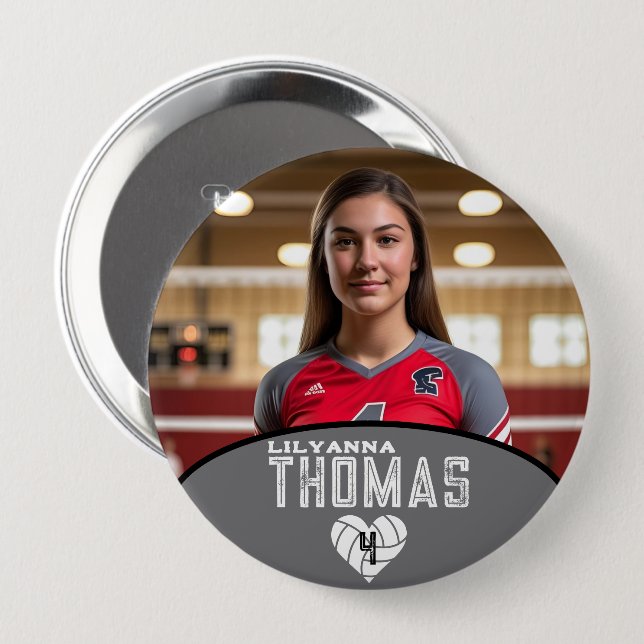 Personalised Picture Volleyball Player Name Number 10 Cm Round Badge (Front & Back)