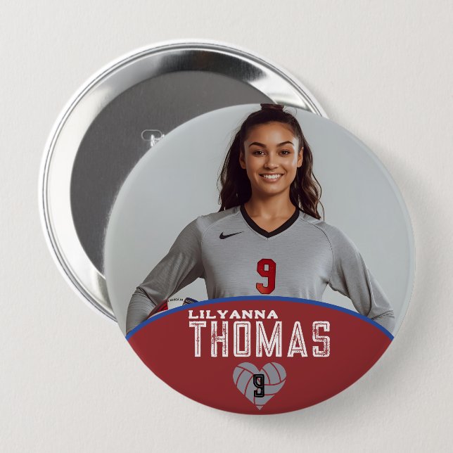 Personalised Picture Volleyball Player Name Number 10 Cm Round Badge (Front & Back)