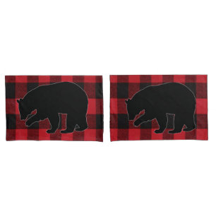 Personalised Pillow Cases Red Buffalo Plaid Bear
