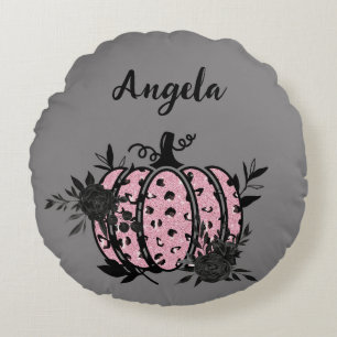 Personalised Pillow, Pink and Black Pumpkin Round Cushion