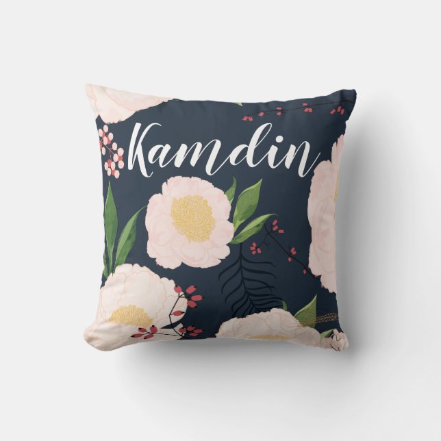 Personalised Pillow White Floral Flowers on Dark B (Front)