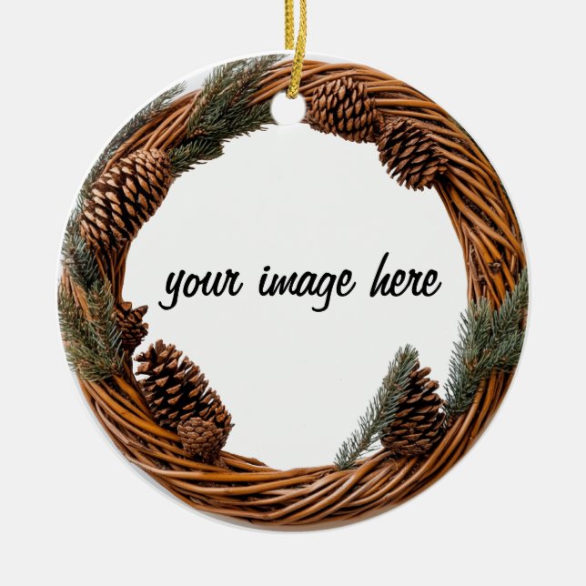 personalised pine cone wreath ceramic tree decoration (Front)