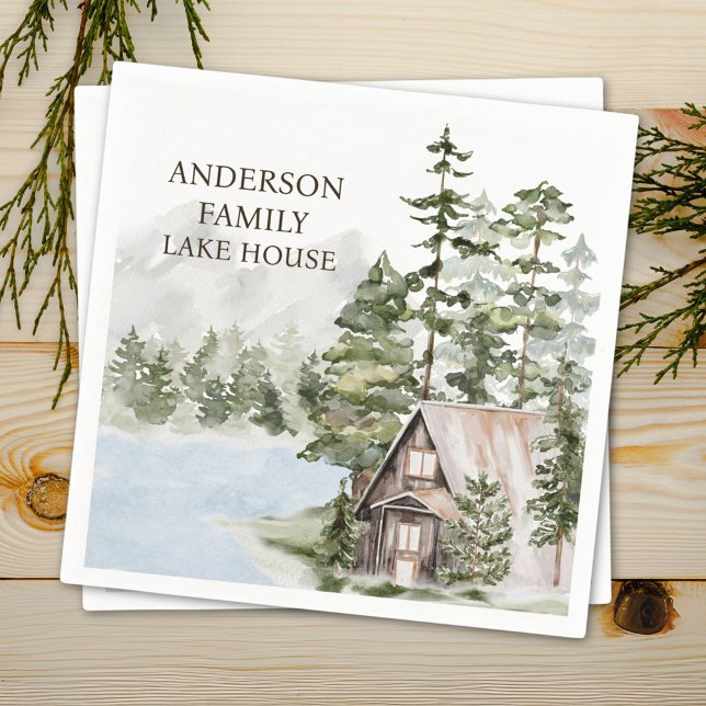 Personalised Pine Forest Family Lake House Cabin Napkin (In situ)