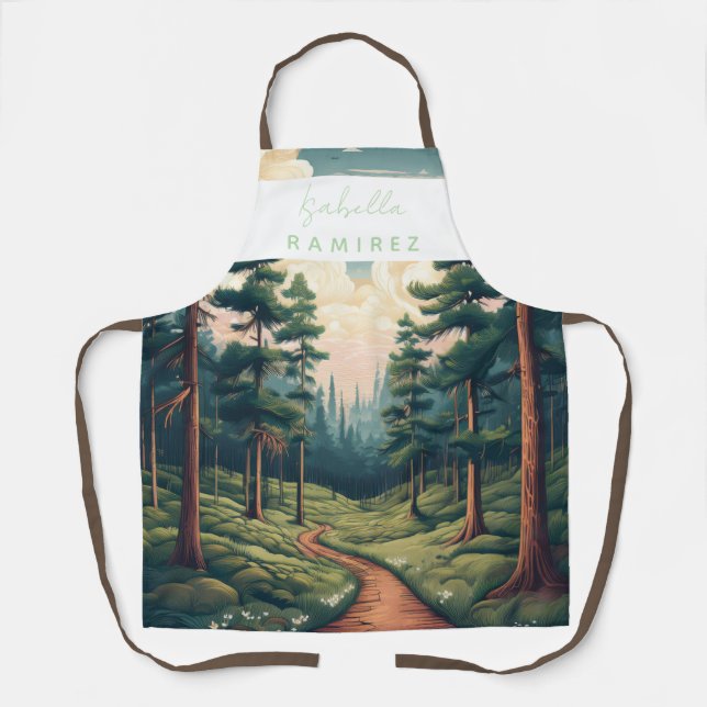 Personalised Pine Forest Path Design with Name Apron (Front)