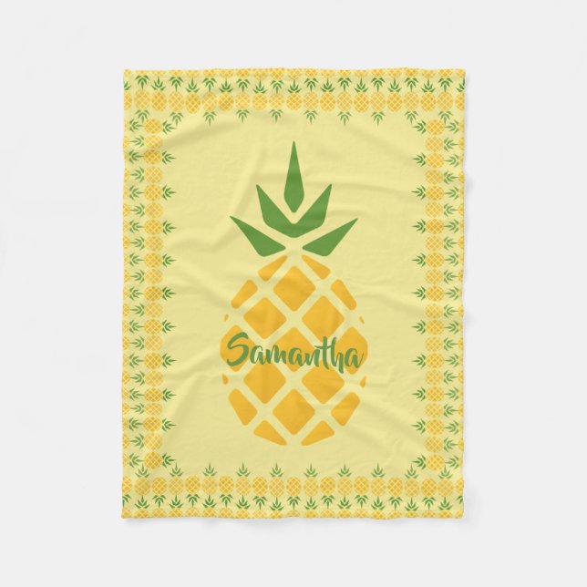 Personalised Pineapple, Editable Yellow Background Fleece Blanket (Front)