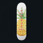 Personalised Pineapple Skateboard<br><div class="desc">This girly Skateboard is decorated with a hand drawn pineapple in shades of yellow and green with pink typography.
Easily customisable with our name.
Because we create our own artwork you won't find this exact image from other designers.
Original Watercolor © Michele Davies.</div>