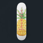 Personalised Pineapple Skateboard<br><div class="desc">This girly Skateboard is decorated with a hand drawn pineapple in shades of yellow and green with pink typography.
Easily customisable with our name.
Because we create our own artwork you won't find this exact image from other designers.
Original Watercolor © Michele Davies.</div>