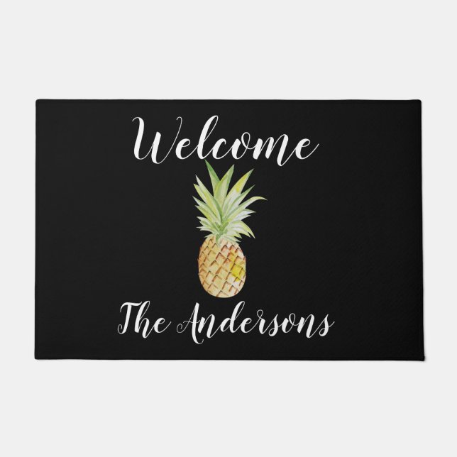 Personalised Pineapple Watercolor Blue Welcome Doo Doormat (Front)