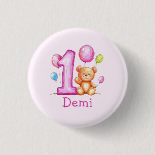 Personalised Pink 1st Birthday for Girls 3 Cm Round Badge