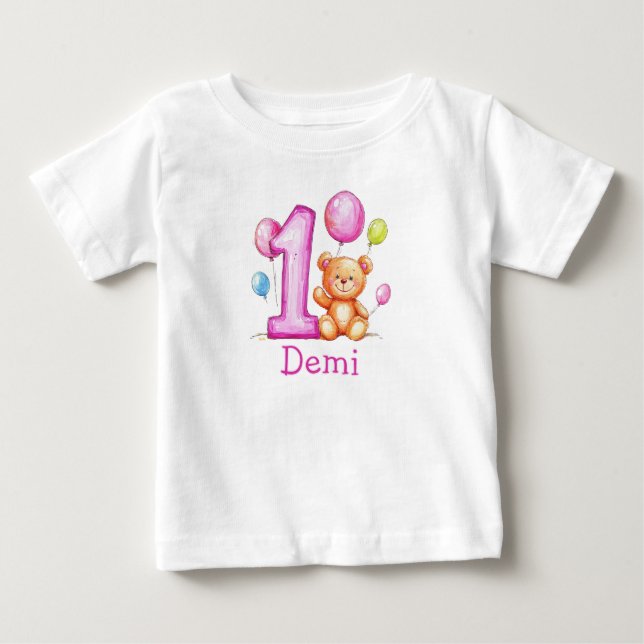 Personalised Pink 1st Birthday for Girls Baby T-Shirt (Front)