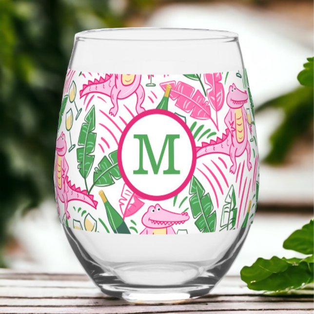 Personalised Pink Alligator Stemless Green Initial Wine Glass (Creator Uploaded)