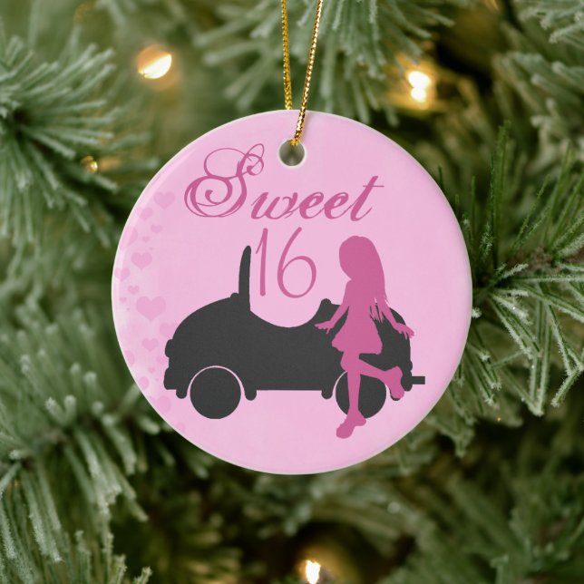 Personalised Pink and Black Car Sweet 16 Sixteen Ceramic Tree Decoration (Tree)