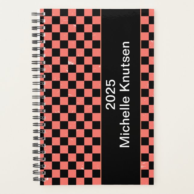 Personalised pink and black Chequerboard 2025      Planner (Front)