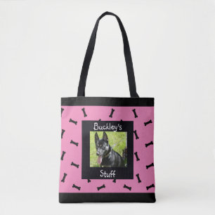 Personalised Pink and Black Pet Photo Dog Bone Tote Bag