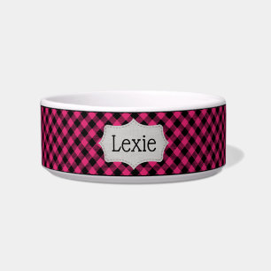 Personalised Pink and Black Plaid Pet Bowl