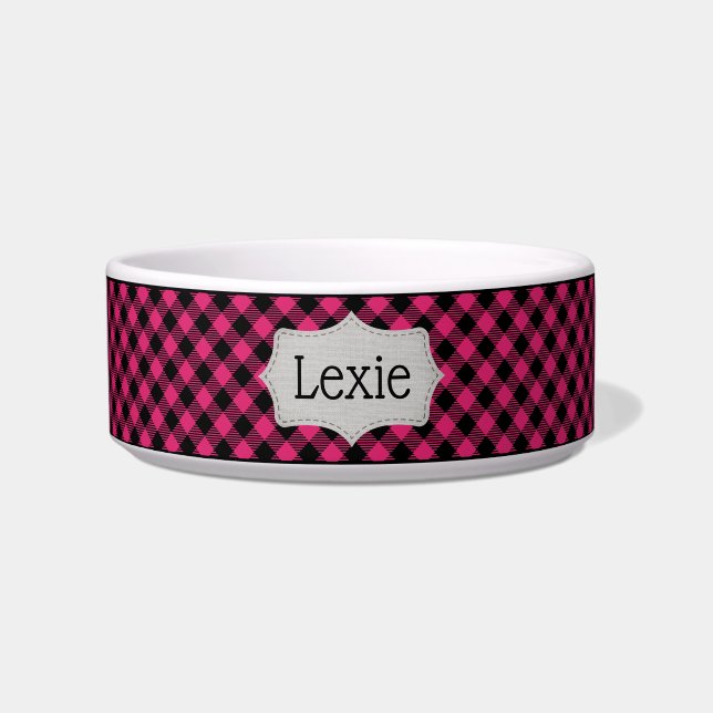 Personalised Pink and Black Plaid Pet Bowl (Front)