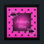 Personalised Pink and Black Stars Trinket Box<br><div class="desc">This customisable pink and black jewellery box has two large hot pink stars and a spot for you to personalise with your own name,  initials,  or text. If you have any requests for changes,  or need help customising this with your text,  please email niteowlstudio@gmail.com.</div>