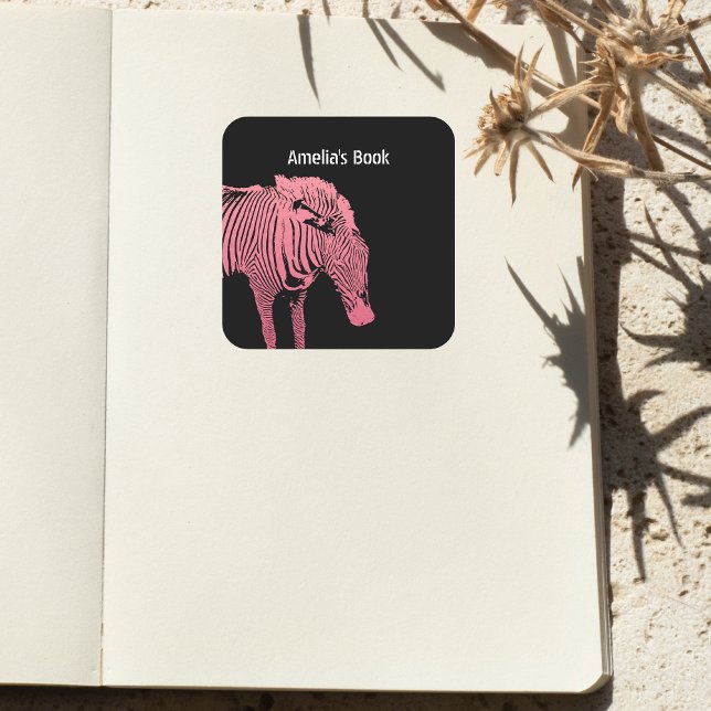Personalised Pink and black Zebra Bookplate  Square Sticker (Creator Uploaded)